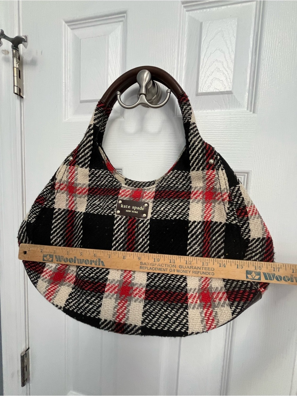 Kate Spade NY Storybook Lining Ruby Park Shon Hobo Bag Plaid Wool Red - Picture 16 of 17
